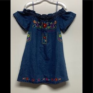 SIGNATURE8 Size Small Denim Embroidered BOHO Floral Off Shoulder Top Tunic